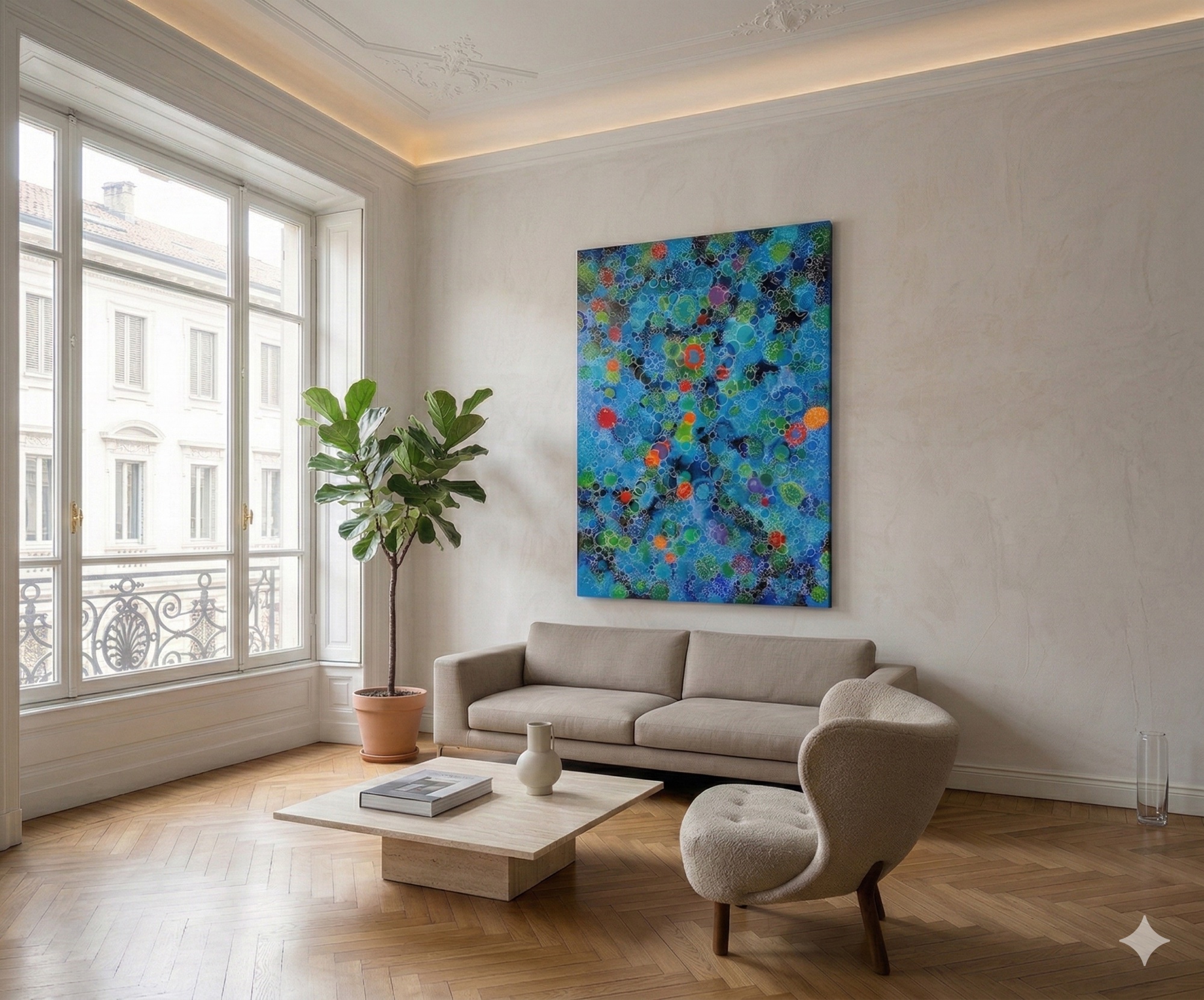 Originalkunst von Michelle Kranz in einem modernen Büro mit Eames Lounge Chair